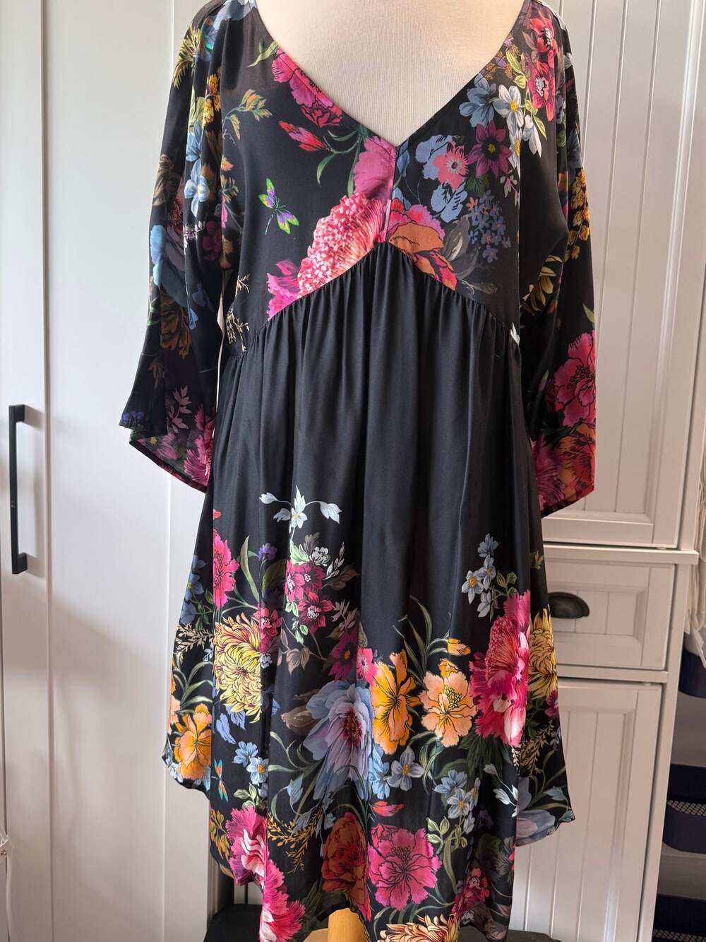 Johnny Was A-line dress Baccara black floral mini dress LARGE NWT